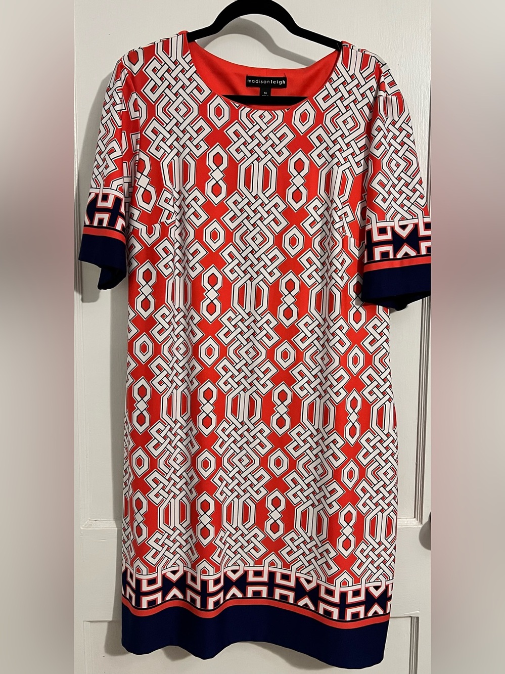 madison leigh Coral and White Geometric Midi Dress with Navy Accents